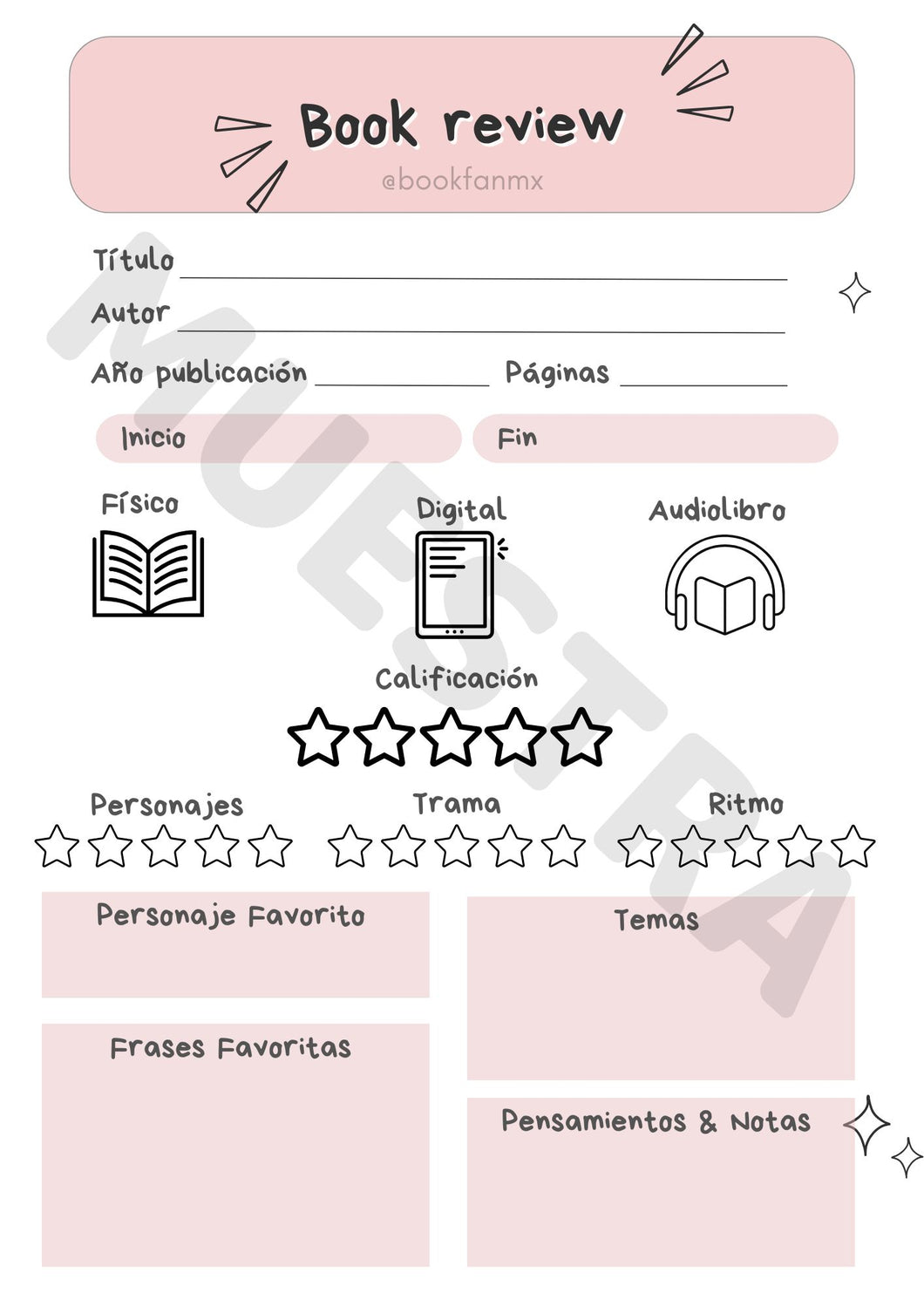 Plantilla Book Review para imprimir – Reseña literaria descargable estilo BookFan