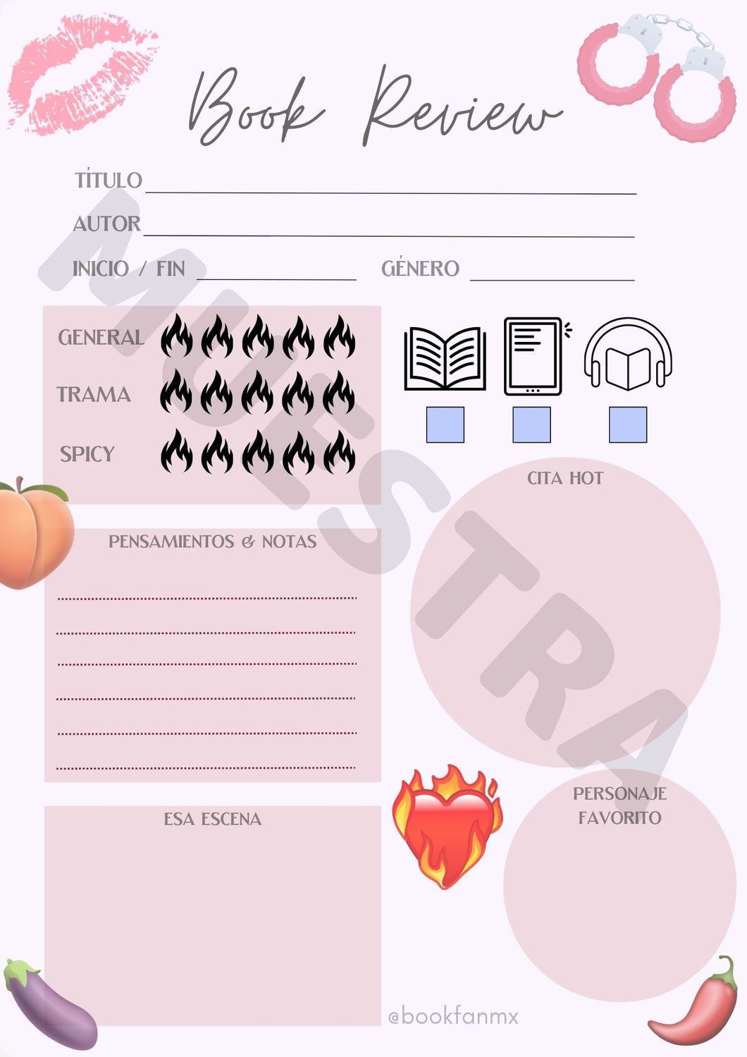 Plantilla Book Review SPICY para imprimir – Registro de lectura romántica